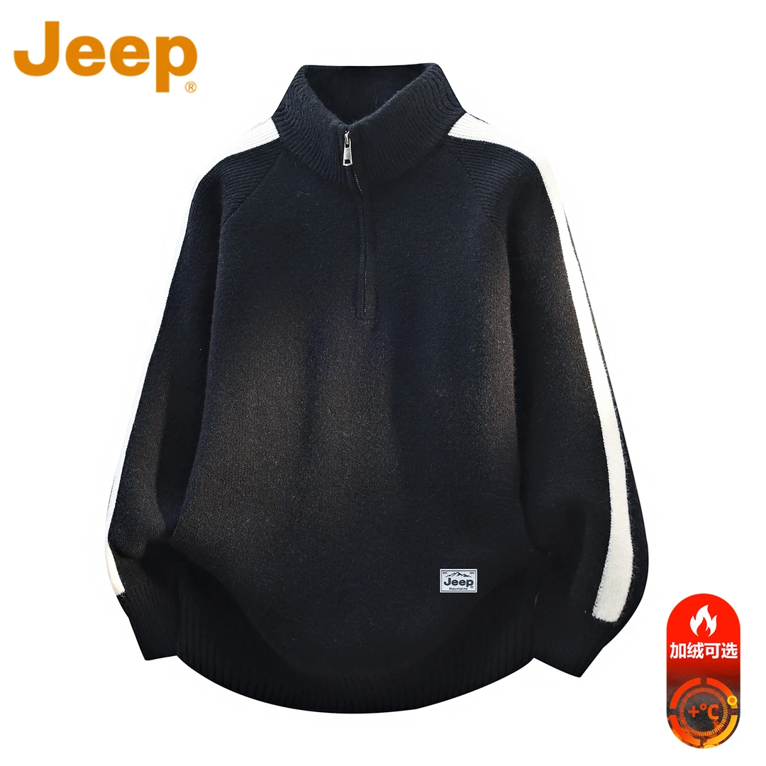 JEEP吉普美式半拉链毛衣男款冬季加绒加厚保暖宽松立领针织衫卫衣