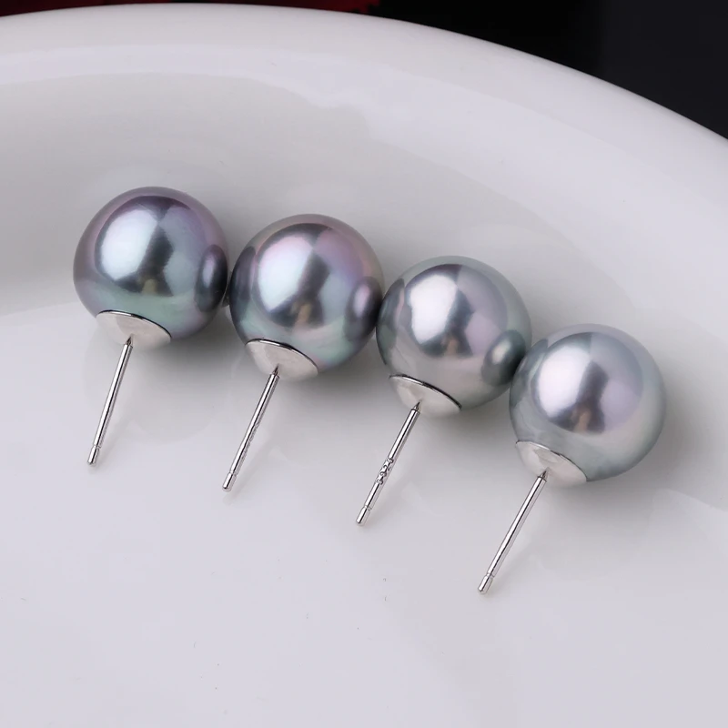 大溪地铂金灰耳钉12-14mms925银镶炫色铂金灰珍珠耳环多样性发一