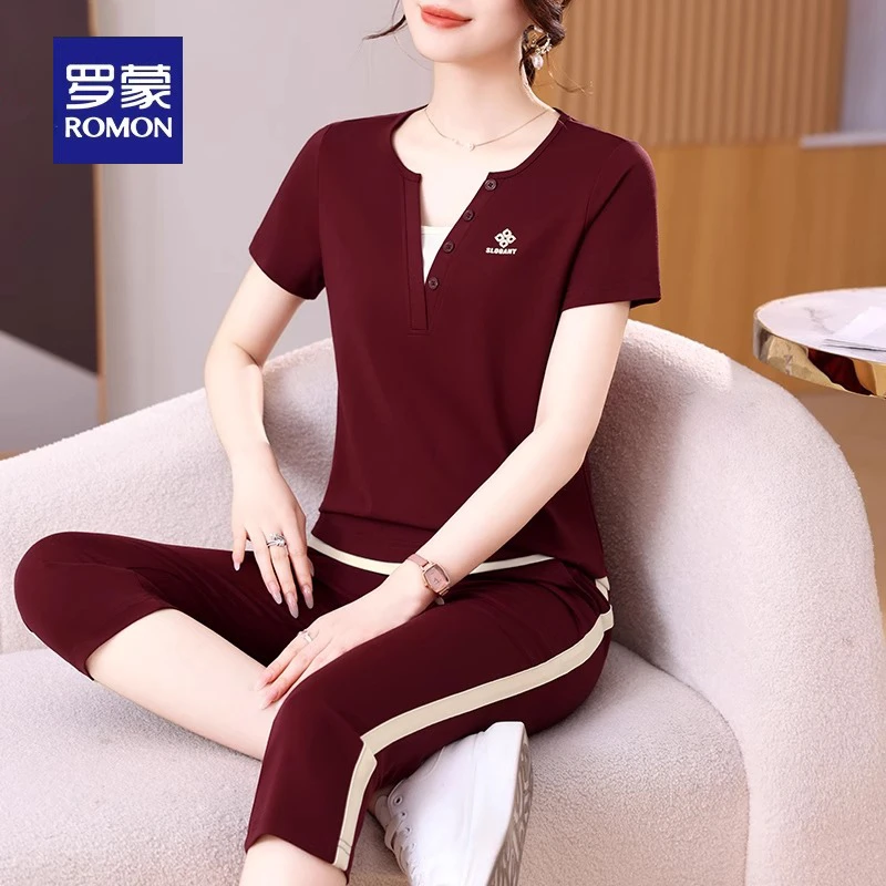 罗蒙50多岁妈妈装夏运动套装中老年人女夏装短袖T恤上衣七分裤