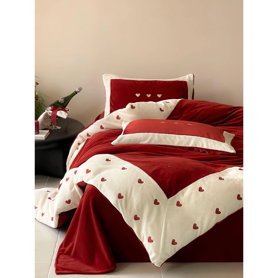 水星高端适用家纺冬季保暖双面珊瑚绒四件套红色婚庆牛奶绒床上用