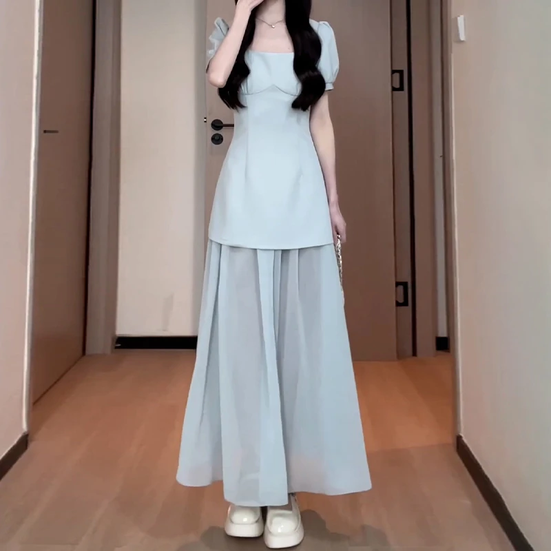 薄荷蓝泡泡袖方领连衣裙夏季2025新款网纱长裙穿搭一整套装1697