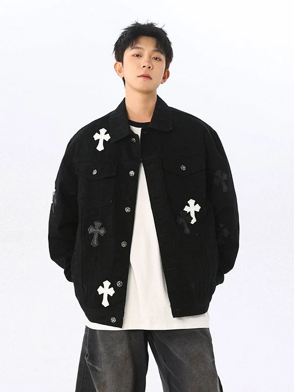 美式街头潮牌十字架克罗心外套男女同款小众潮牌痞帅炸街男装