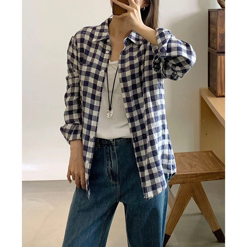 吕小布 |  蓝色亚麻格子宽松韩系百搭慵懒防晒衬衫外套女0308