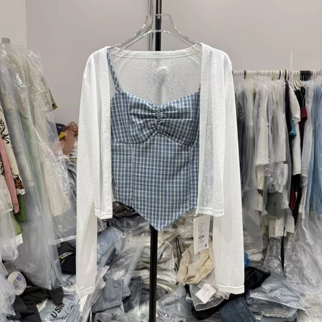 韩版小清新吊带圆领长袖开衫套装2025年早秋新款吊带格子两件套潮