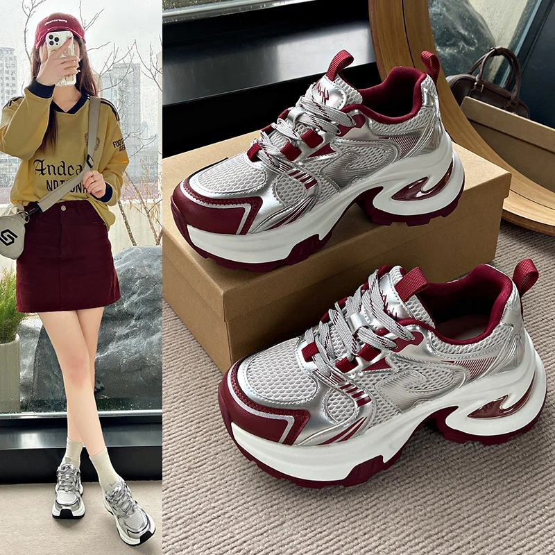 爆款百搭厚底老爹鞋女小个子增高2025超火新款春夏银色休闲运动鞋