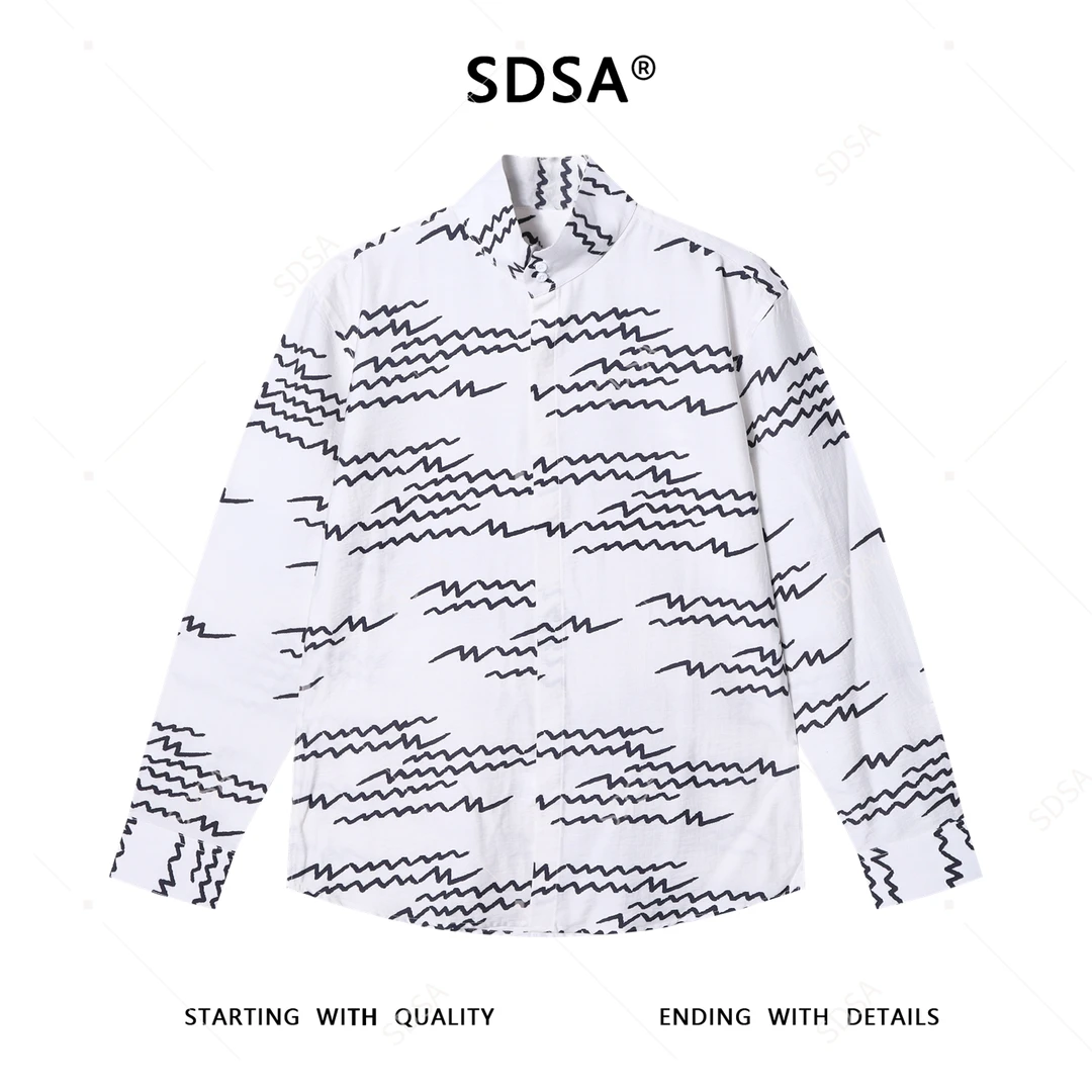 SDSA男士秋冬新款痞帅男装撞色不规则波浪线长袖衬衫极简风百搭