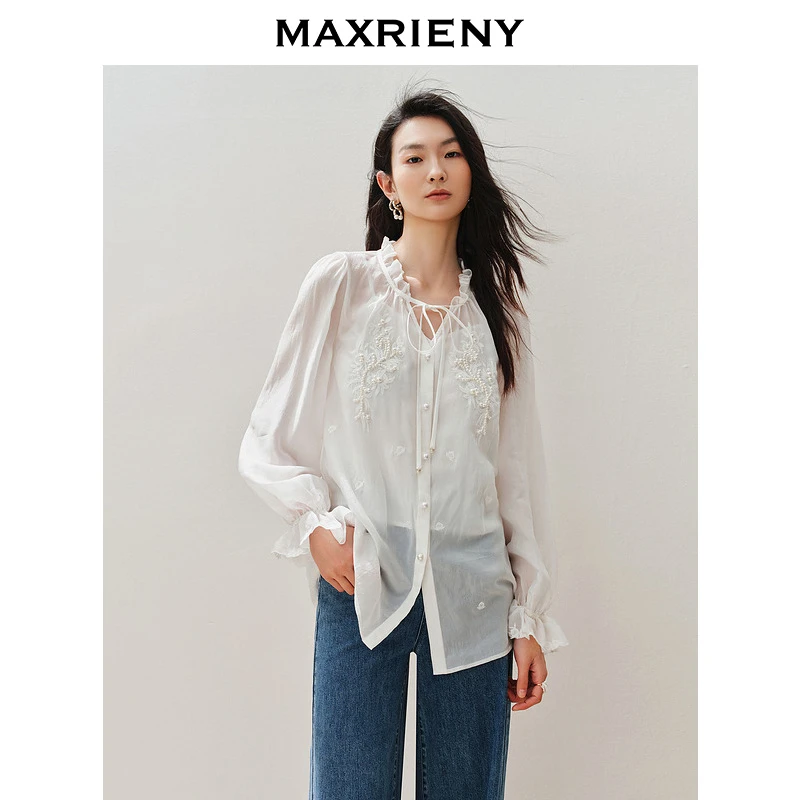 【静奢度假-商场同款】MAXRIENY华丽宫廷风衬衫刺绣荷叶领上衣女