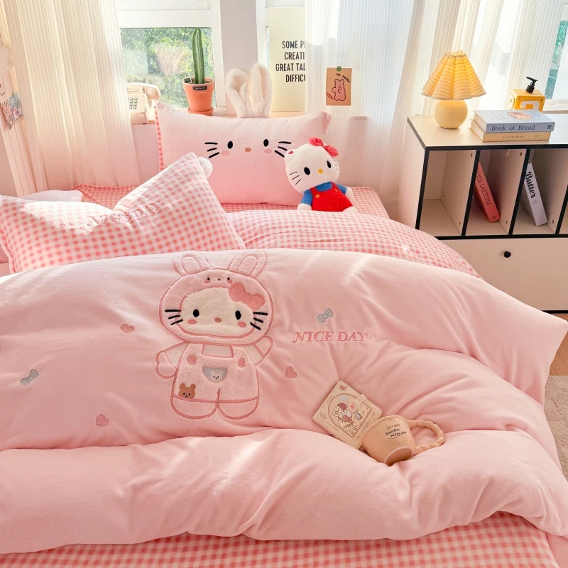 【麽西】保暖牛奶绒四件套女孩加厚印花公主风被套可爱牛奶绒