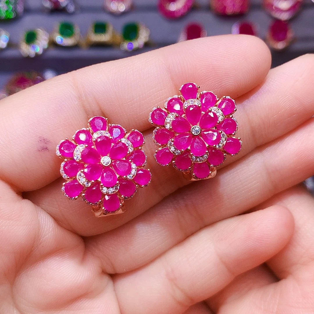 银S925镶嵌耳饰红宝石