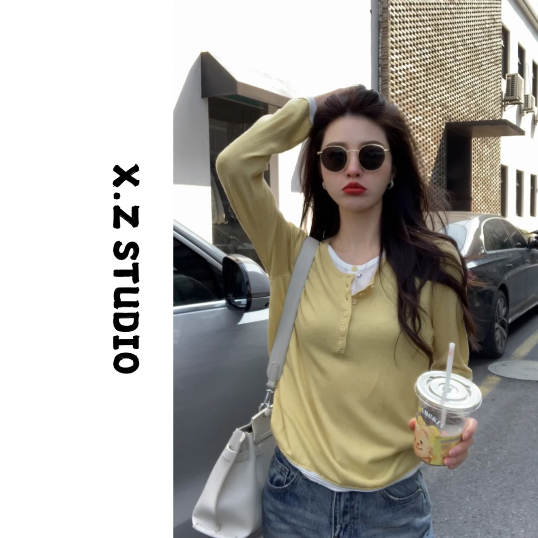 XIZHEN【双门襟假两件针织衫】春游出行衣服春装女款爆款2025新款
