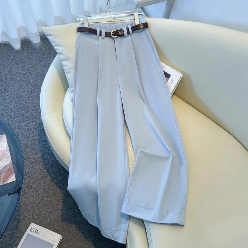 轻奢灰蓝色休闲阔腿裤女2025年新款高腰显瘦小个子九分直筒西装裤