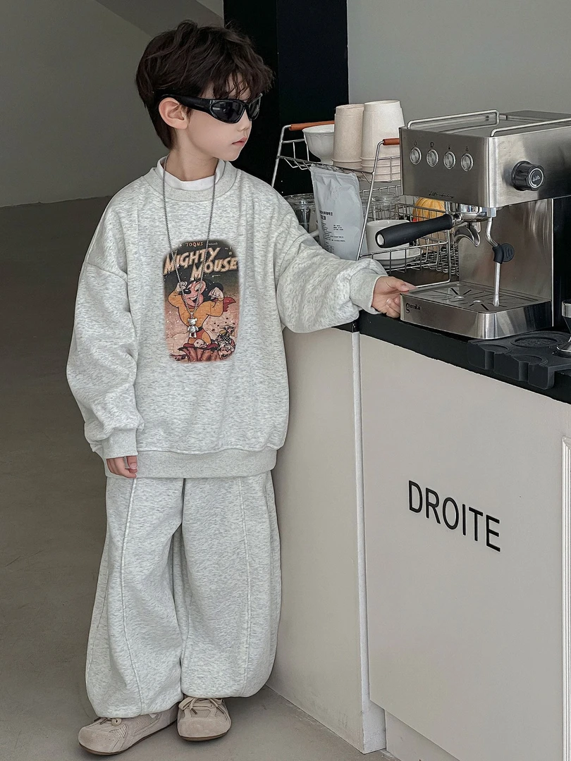 男童套装儿童韩版深秋冬童装2025新款加绒运动卡通中性风宝宝衣服