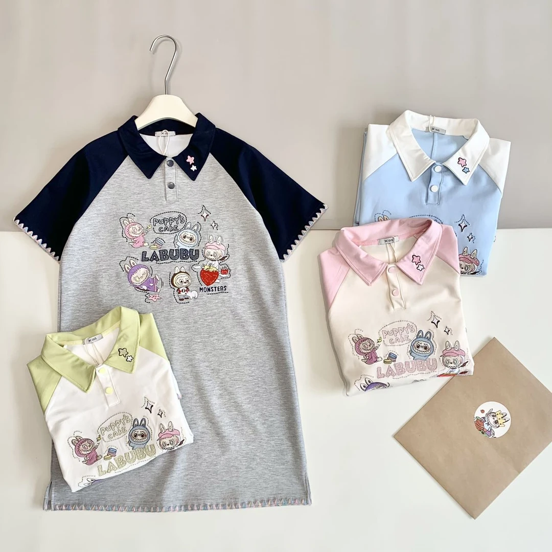 【草莓插肩袖拉布布】S8318夏季新款贝壳绣高品质修身撞色Polo裙