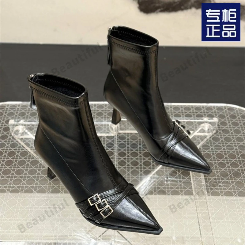 韩系尖头高级感细跟高跟短靴女2025年新款秋冬单靴皮带扣弹力瘦瘦