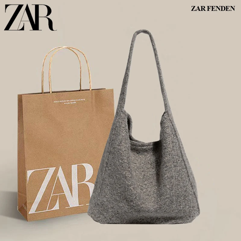 ZAR FENDEN韩国慵懒风托特包女2025新款秋毛呢大容量通勤单肩包