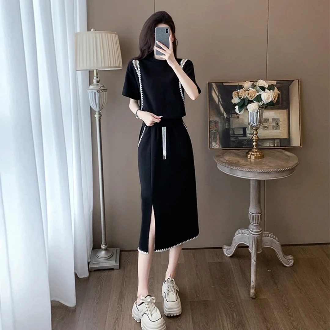 法式慵懒感洋气套装女2025夏气质老钱风黑色短袖上衣半身裙两件套