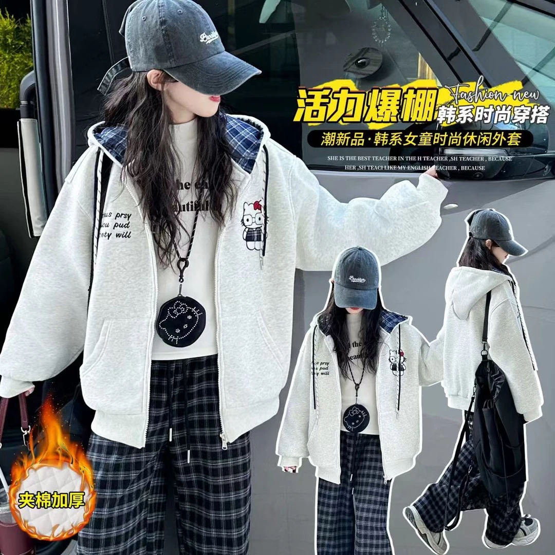 D206博萱女童夹棉外套秋冬新款加厚保暖二棉刺绣格子连帽棉服