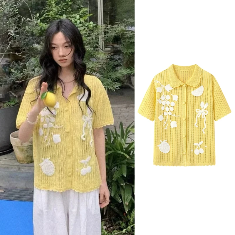 复古奶奶风水果钩花刺绣镂空花边翻领短袖针织开衫【8334】