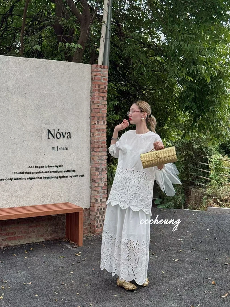 【喜一兮】2025春季新品简约白月光套装高级白色镂空刺绣5DA-V002