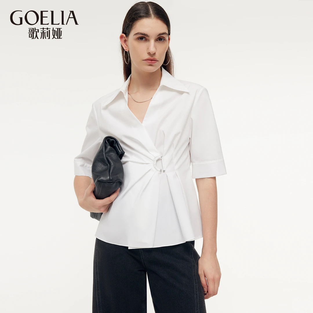 歌莉娅 春季新品  褶皱翻领棉布衬衫  1E2C3E020