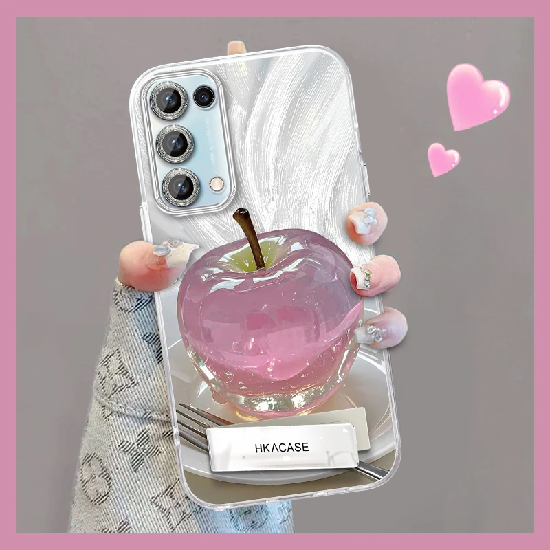 适用opporeno5k精孔羽纱晶莹粉苹果网红个性创意支架全包手机壳女