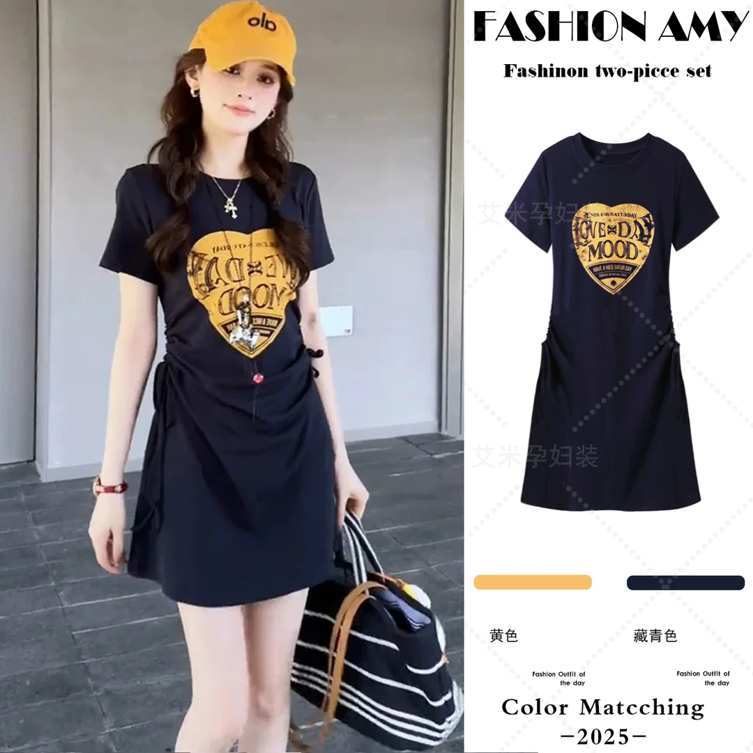 孕妇连衣裙夏季新款时尚韩版小个子中长款抽绳设计感休闲显瘦裙子