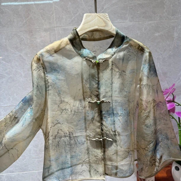 2025新款女装100%桑蚕丝手工盘扣外套上衣