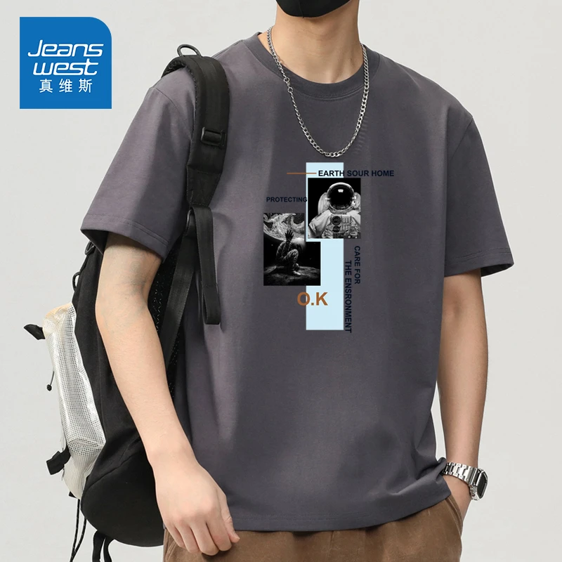 Jeanswest/真维斯宽松圆领T恤男士夏季新款潮流印花休闲短袖上衣
