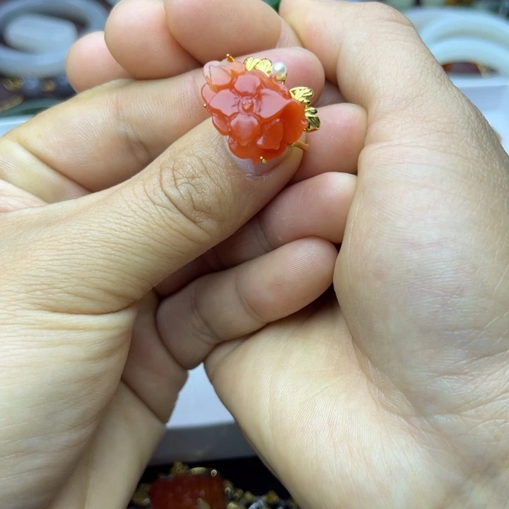 南红玛瑙戒指银S925镀金镶嵌