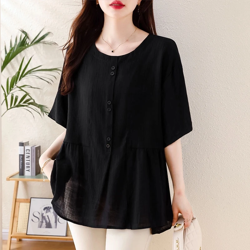 洋气黑色高级感雪纺衫女短袖夏季2025新款宽松大码女装遮肚上衣