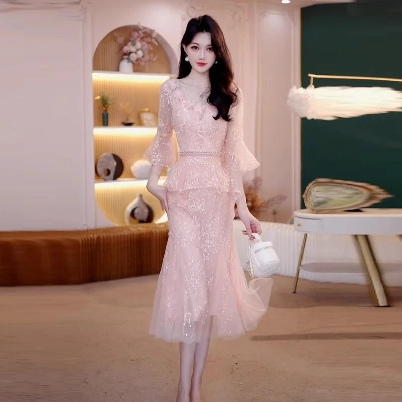 宴会裙子夏季气质优雅名媛显瘦轻奢高贵时尚假两件网纱亮片连衣裙