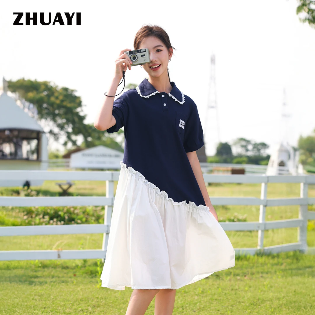夏季女童学院风纯色春季短袖连衣裙日系长款裙子刺绣(25222329)3