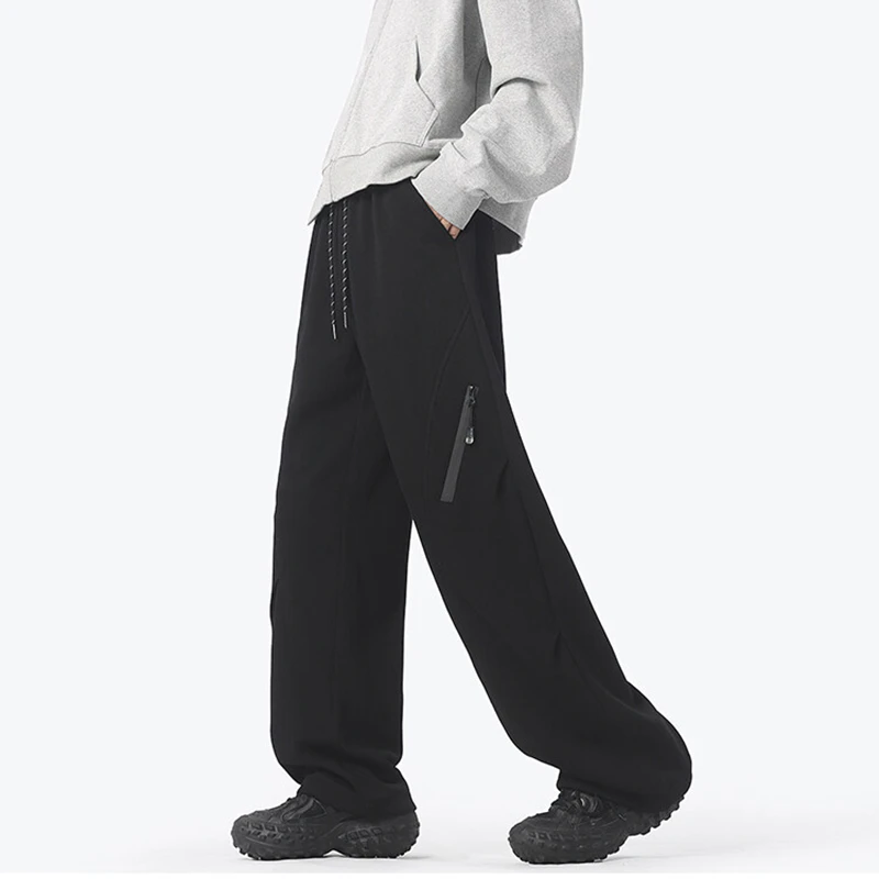 卫裤男秋季美式cleanfit直筒宽松拉链设计感潮牌黑色休闲运动长裤