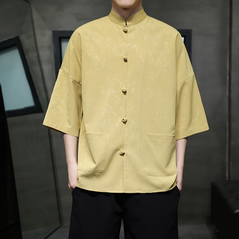 大码宽松廓形落肩衬衫男短袖中国风提花唐装夏季潮牌立领盘扣茶服
