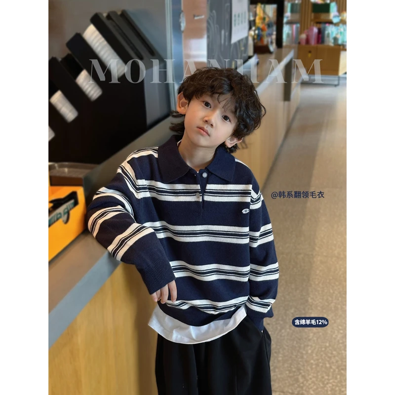 凯文家童装2025年秋季新品男童中大童韩版条纹儿童套头毛衣针织衫