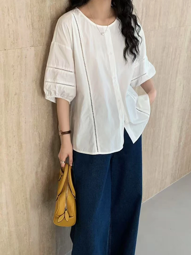 Leilei【感觉】日系文艺宽松设计感圆领简约款小衫#85235