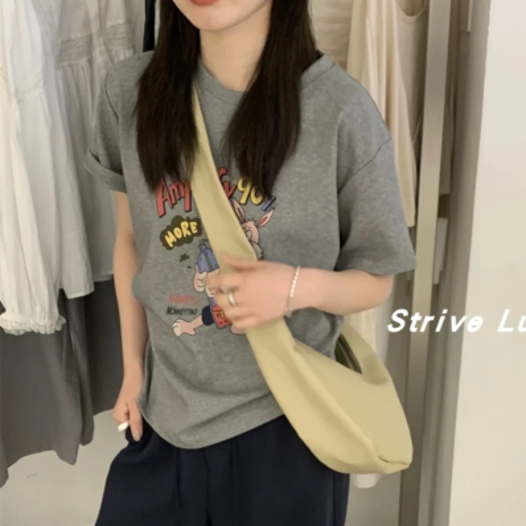 短袖卡通字母印花休闲T恤设计感韩版圆领—可乐兔T