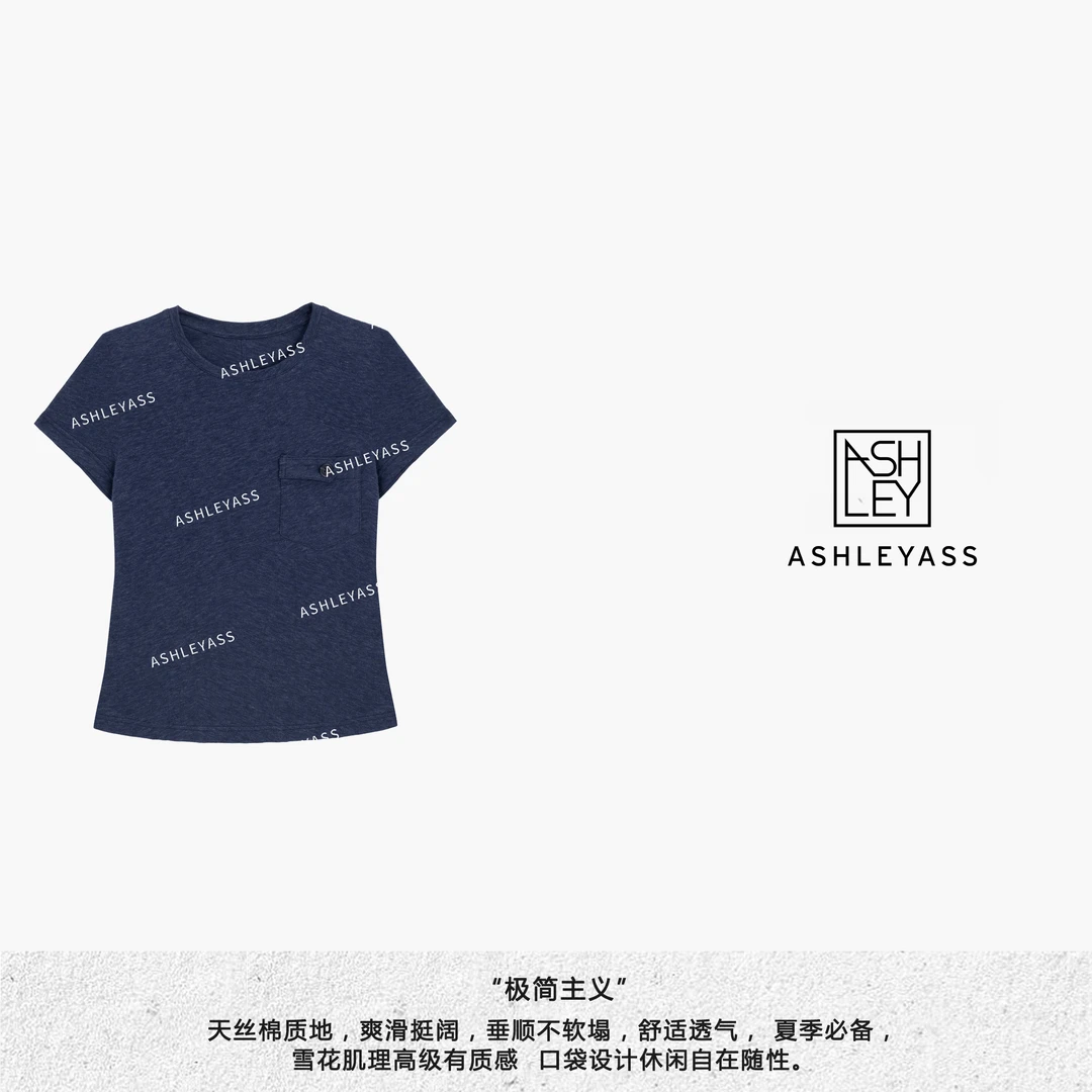【ASHLEYASS】宝蓝色时尚圆领T恤胸前口袋短款上衣LSS240851Y