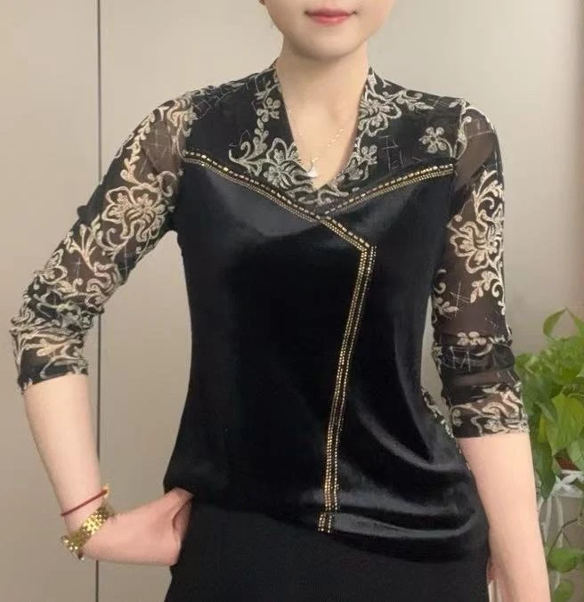 长袖t恤女设计感洋气百搭拼接丝绒烫钻小衫遮肚子打底衫兆燕2533