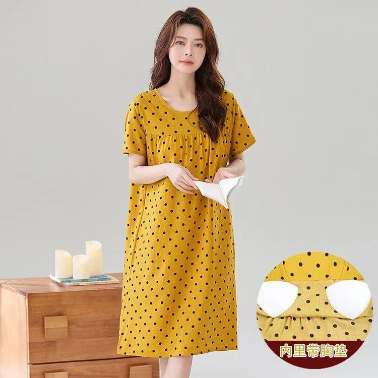 加长带胸垫棉绸短袖睡裙女款2025新款夏季时尚百搭舒适连衣裙