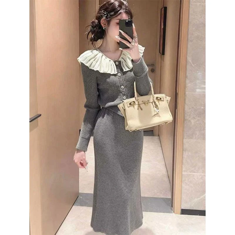 秋冬温柔高级大方得体气质女神范巨好看小香风灰色针织连衣裙套装