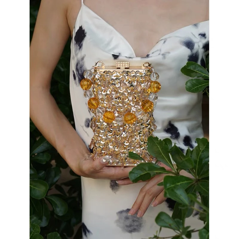 原创小众设计复古水晶流苏手机包轻奢感链条单肩斜挎包