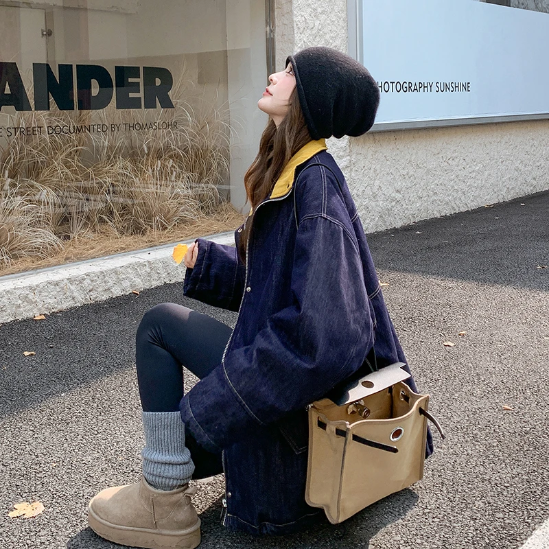 撞色立领牛仔羽绒服女冬季新款加厚复古90白鸭绒宽松休闲加厚外套