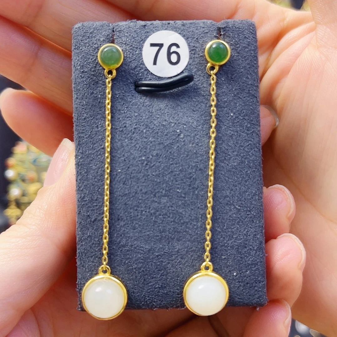 和田玉银S925镀金镶嵌耳饰