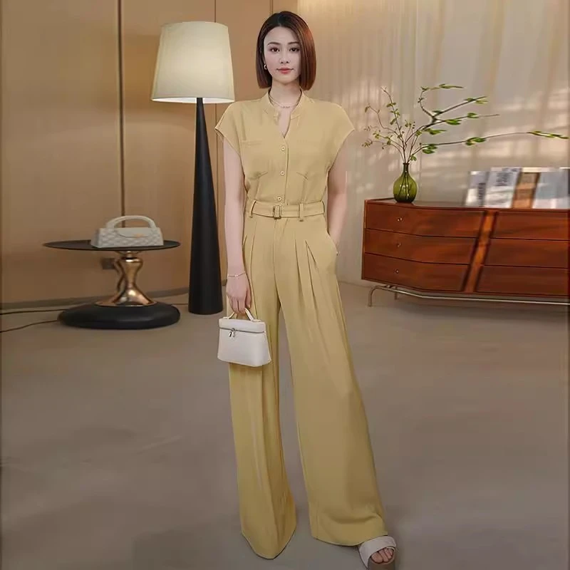 0933黄色轻奢套装女新款时尚气质显瘦上衣阔腿裤两件套