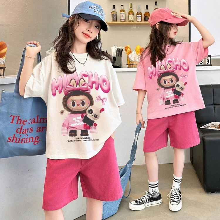 女童夏季短袖套装2025新款儿童夏款运动休闲洋气两件套女孩卡通