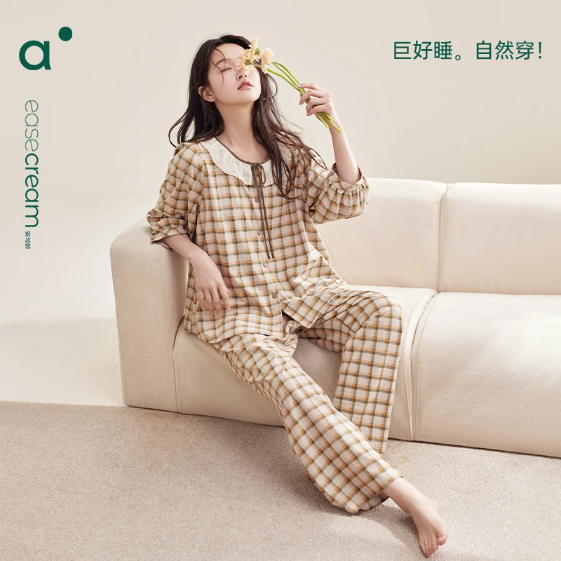 安之伴春夏季纯棉家居服甜美格子睡衣女套装宽松休闲 82411722410