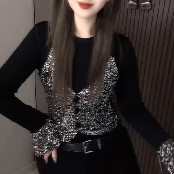 设计感亮片假两件打底衫女2025春秋新款时尚洋气长袖减龄显瘦上衣