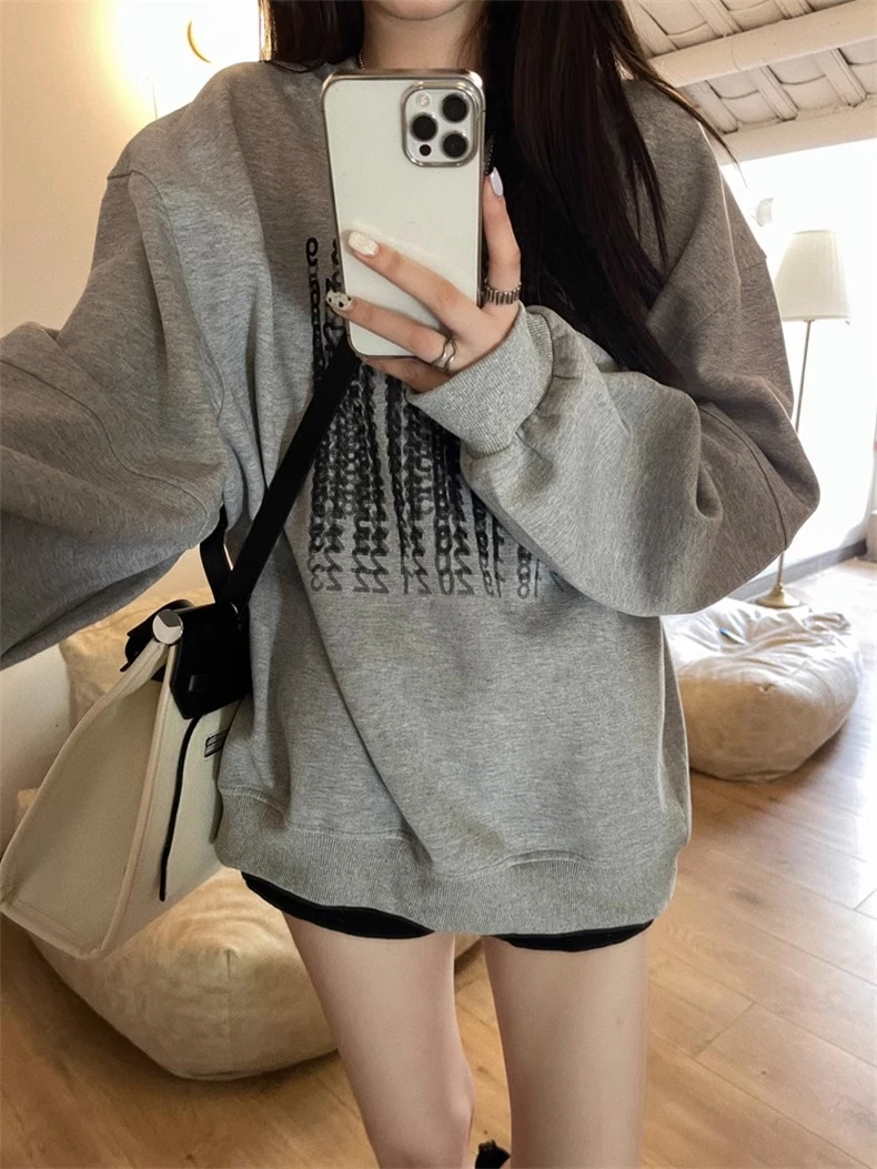 小众炸街高级感女装个性设计复古中长款宽松oversize灰色圆领卫衣