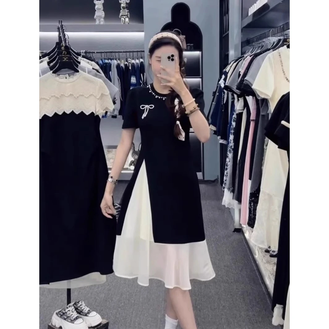 重工钉珠蝴蝶结短袖连衣裙女2025夏季新款假两件气质收腰中长裙子